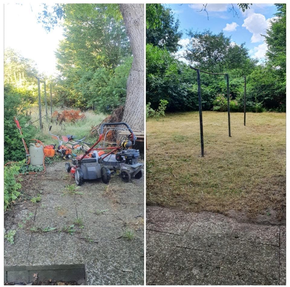 Gartenreinigung - Vorher verwilderter Bereich mit Geräten, nachher sauberer Rasen